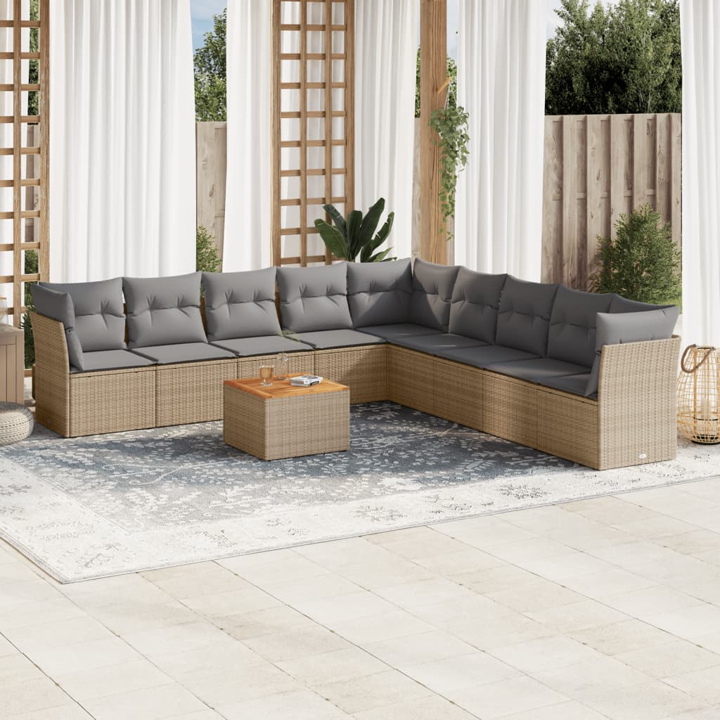 Set Divano da Giardino 10 pz con Cuscini Beige in Polyrattan