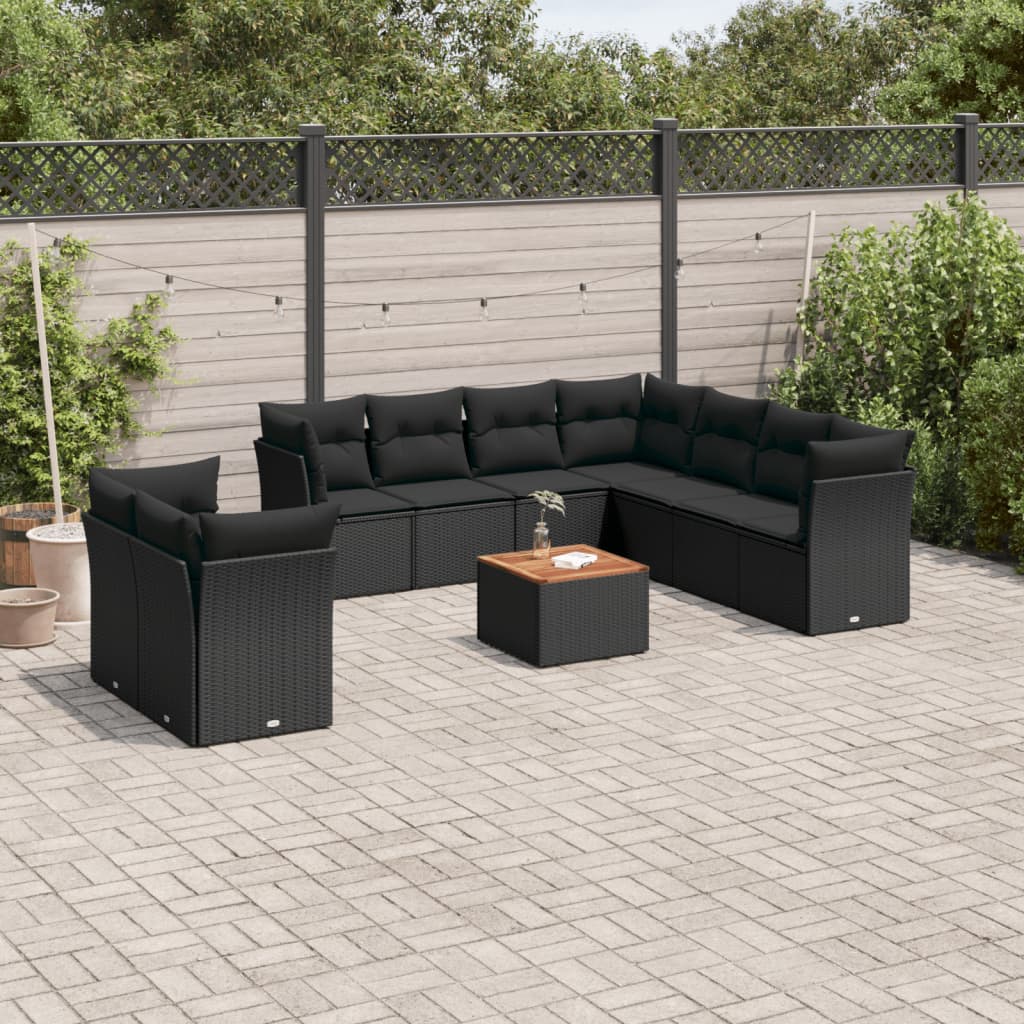 Set Divani da Giardino 10pz con Cuscini in Polyrattan Nero