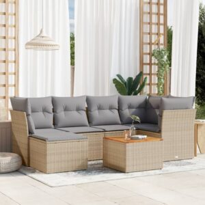 Set Divani da Giardino 7 pz con Cuscini Beige in Polyrattan