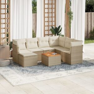 Set Divano da Giardino 8 pz con Cuscini Beige in Polyrattan