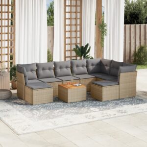 Set Divano da Giardino 10 pz con Cuscini Beige in Polyrattan