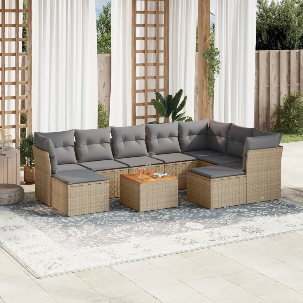 Set Divano da Giardino 10 pz con Cuscini Beige in Polyrattan