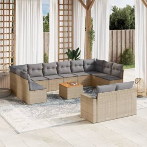 Set Divano da Giardino 13 pz con Cuscini Beige in Polyrattan