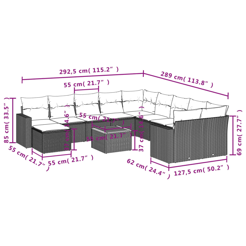 Set Divani da Giardino 12 pz con Cuscini Nero in Polyrattan - immagine 3