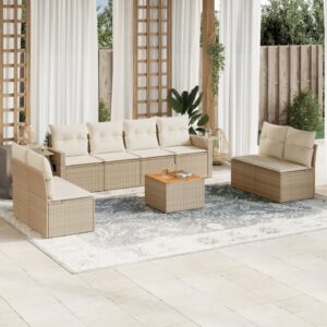 Set Divano da Giardino 9 pz con Cuscini Beige in Polyrattan