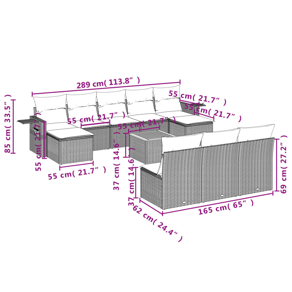 Set Divani da Giardino 11 pz con Cuscini in Polyrattan Nero - immagine 8