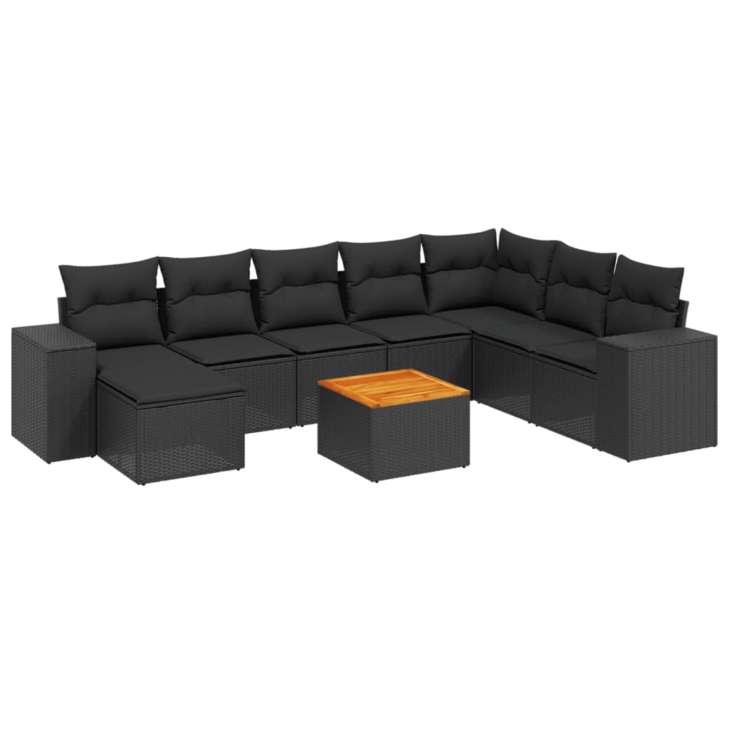 Set Divani da Giardino 9 pz con Cuscini Nero in Polyrattan - immagine 2
