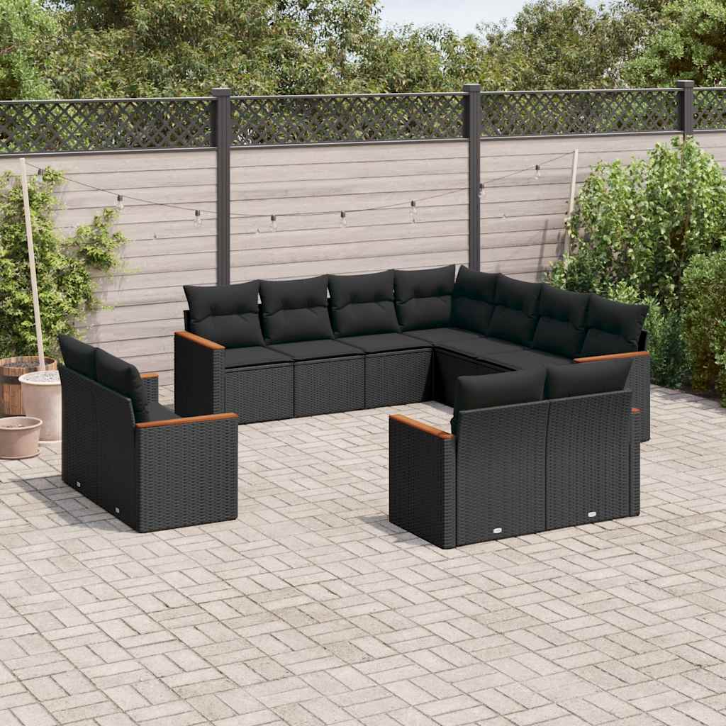 Set Divani da Giardino 11 pz con Cuscini in Polyrattan Nero