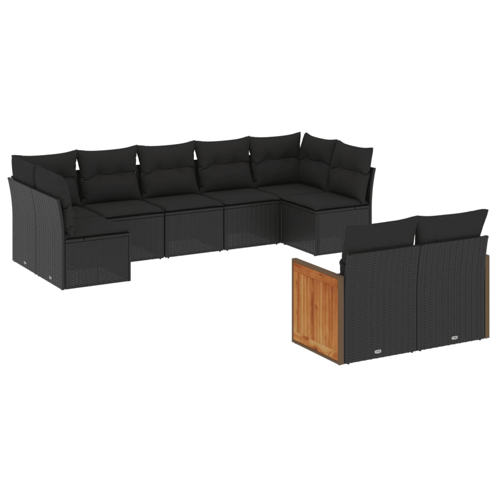 Set Divani da Giardino 9 pz con Cuscini Nero in Polyrattan - immagine 2