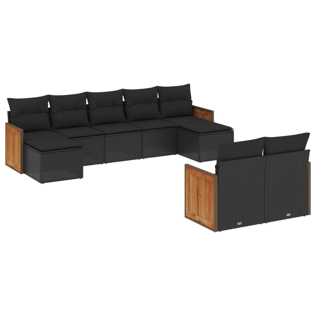 Set Divani da Giardino 9 pz con Cuscini Nero in Polyrattan - immagine 2