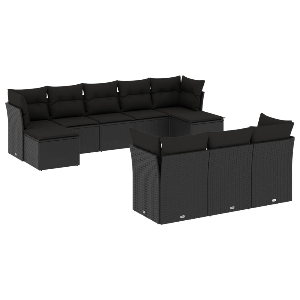 Set Divani da Giardino 10pz con Cuscini in Polyrattan Nero - immagine 2