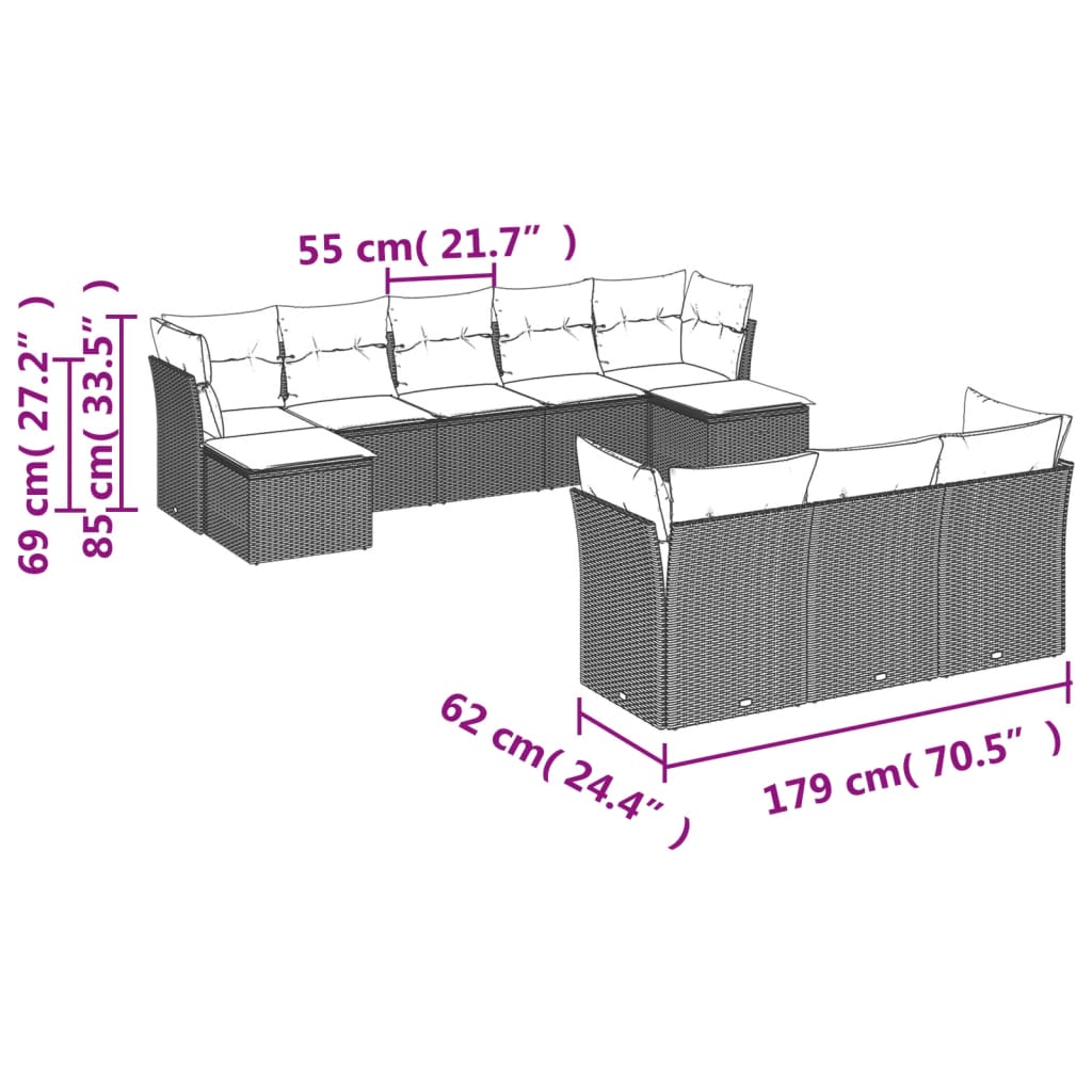 Set Divani da Giardino 10pz con Cuscini in Polyrattan Nero - immagine 3