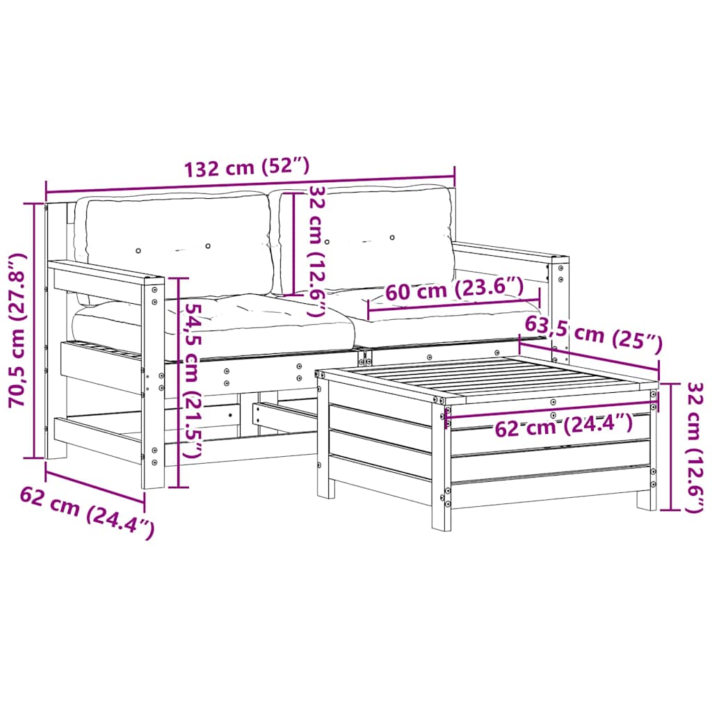 Set Divani da Giardino 3 pz con Cuscini Legno Massello di Pino - immagine 9