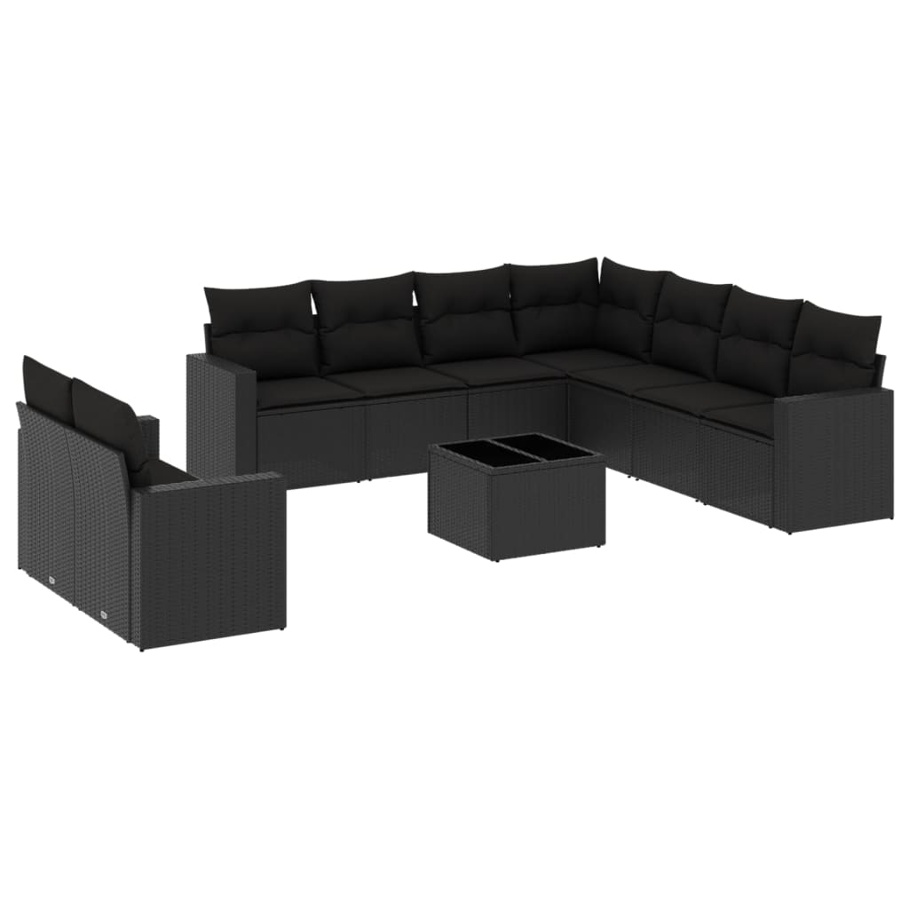 Set Divani da Giardino 10pz con Cuscini in Polyrattan Nero - immagine 2