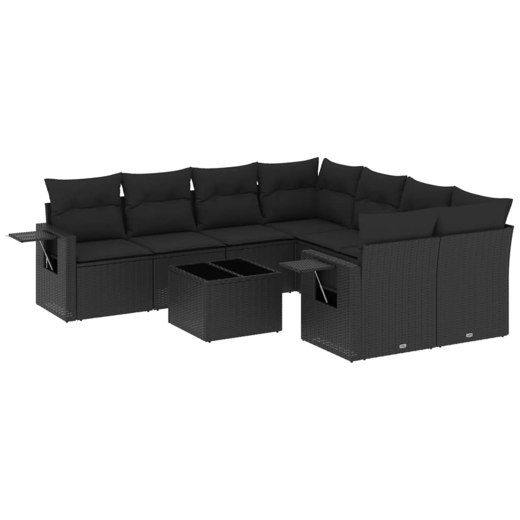 Set Divani da Giardino 9 pz con Cuscini Nero in Polyrattan - immagine 2