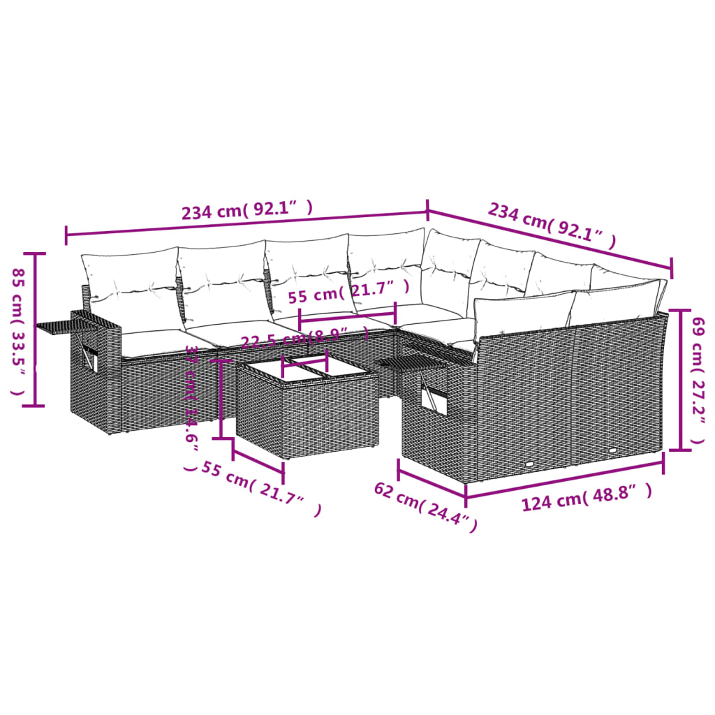 Set Divani da Giardino 9 pz con Cuscini Nero in Polyrattan - immagine 3