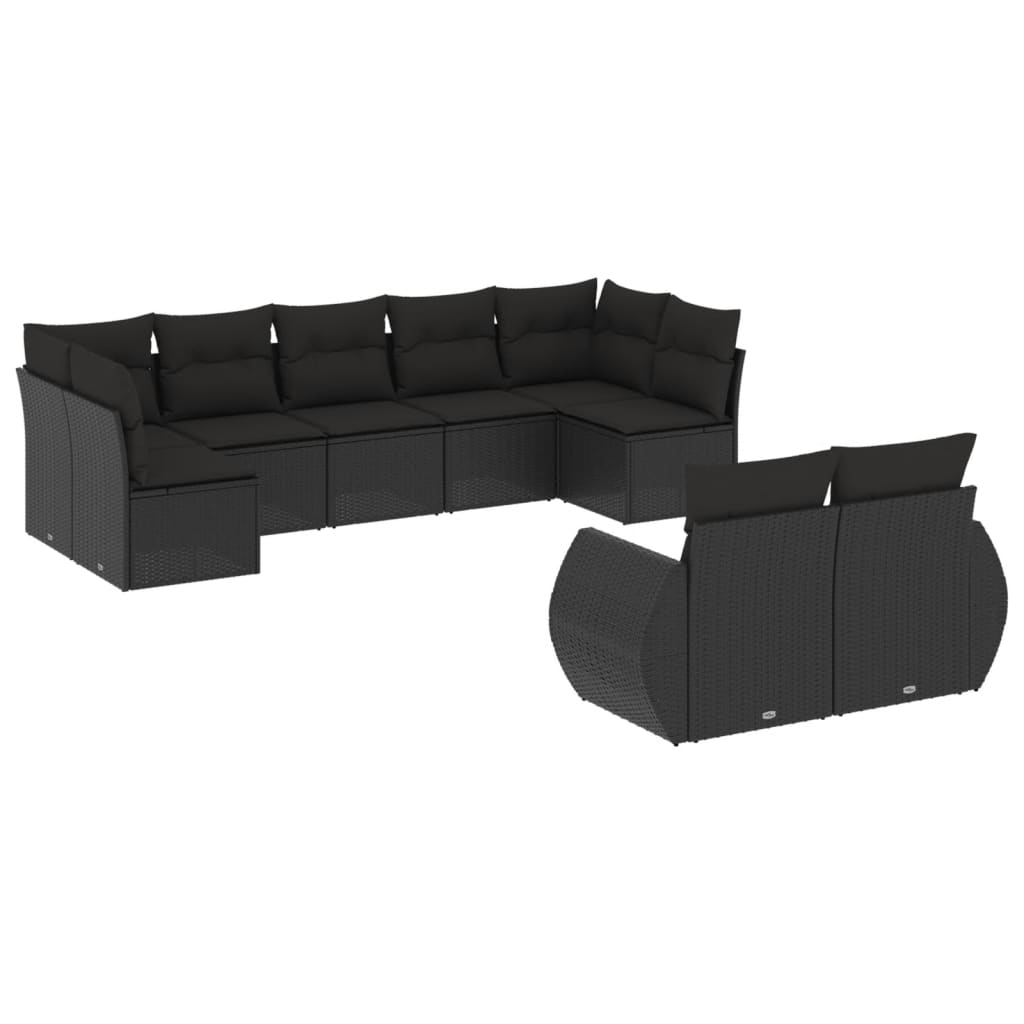 Set Divani da Giardino 9 pz con Cuscini Nero in Polyrattan - immagine 2