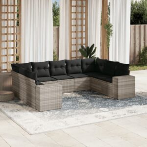Set Divano da Giardino 9pz con Cuscini Grigio Chiaro Polyrattan