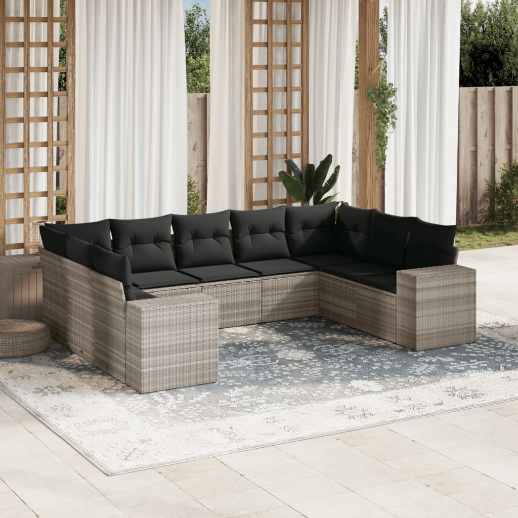 Set Divano da Giardino 9pz con Cuscini Grigio Chiaro Polyrattan