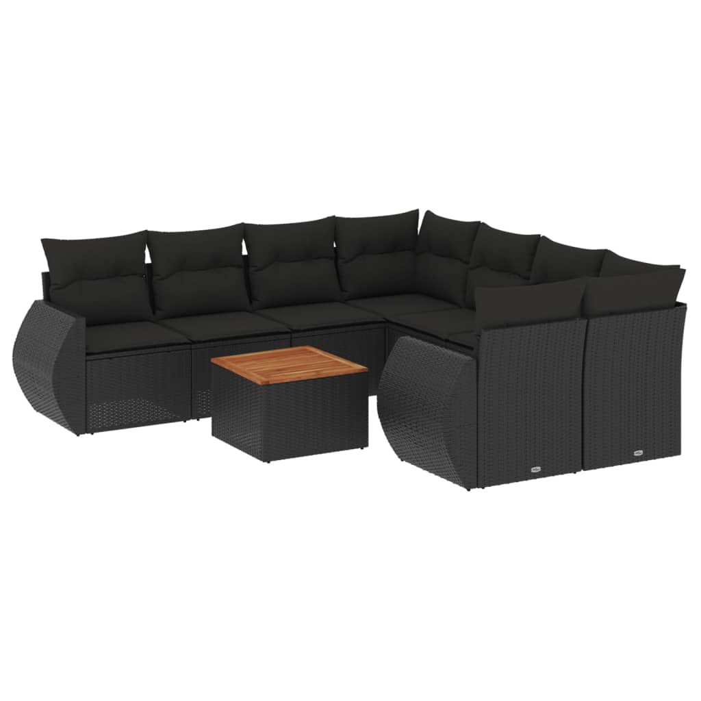 Set Divani da Giardino 9 pz con Cuscini Nero in Polyrattan - immagine 2