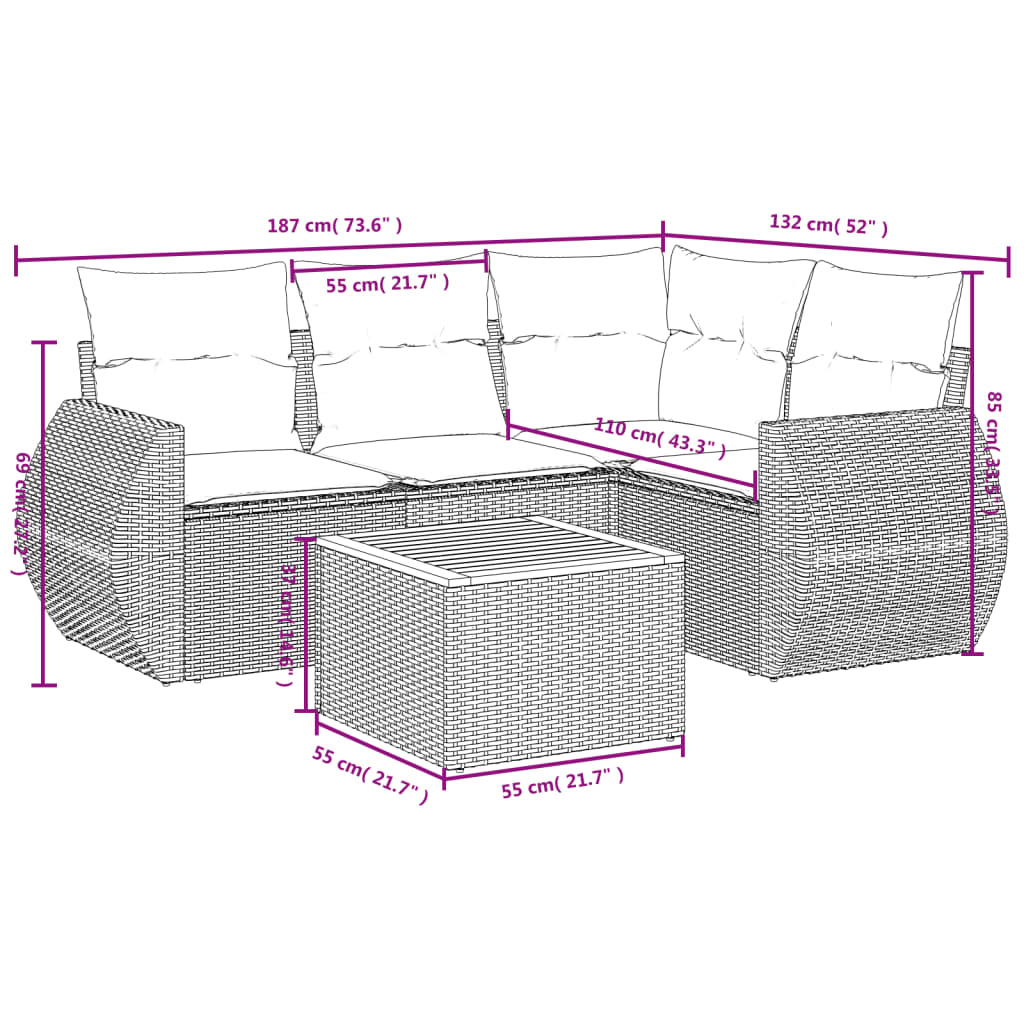 Set Divani da Giardino 5 pz con Cuscini in Polyrattan Nero - immagine 3