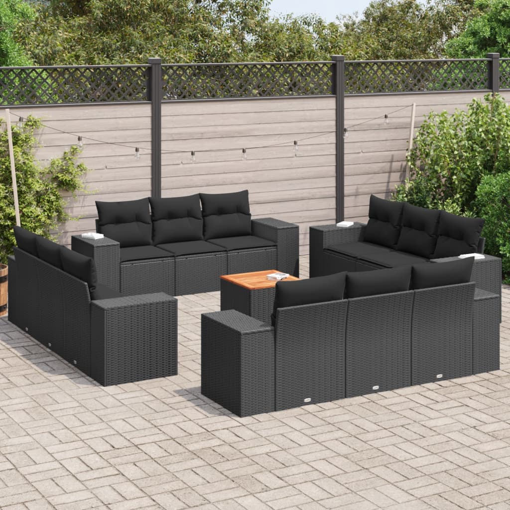 Set Divani da Giardino 13pz con Cuscini Nero in Polyrattan