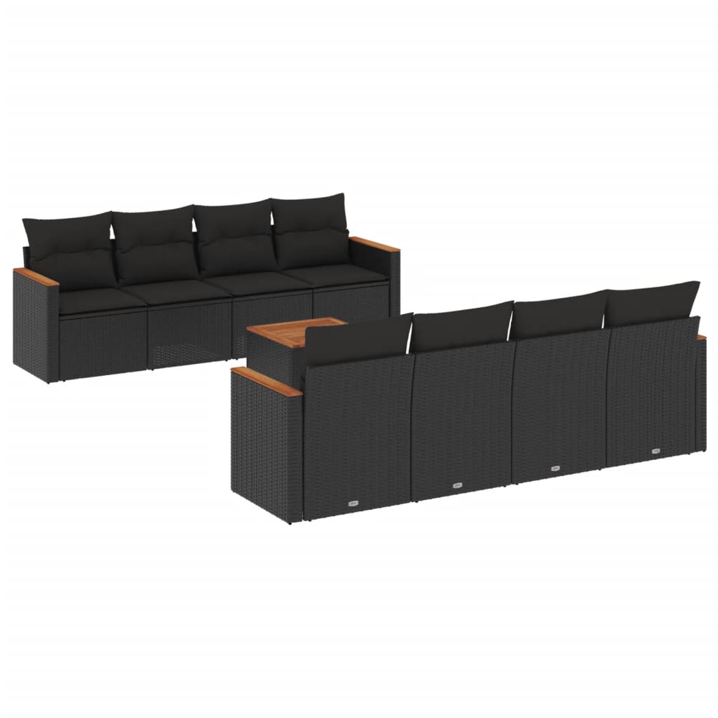 Set Divani da Giardino 9 pz con Cuscini Nero in Polyrattan - immagine 2