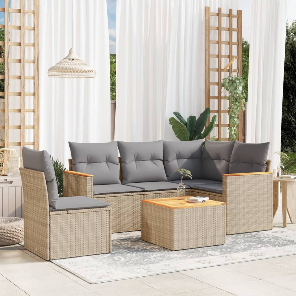 Set Divano da Giardino 6 pz con Cuscini Beige in Polyrattan