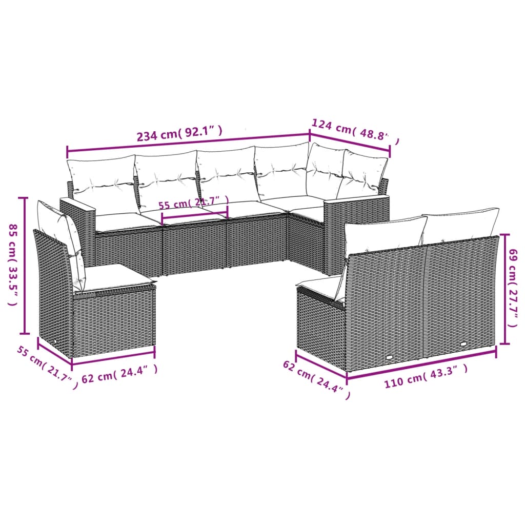 Set Divano da Giardino 8 pz con Cuscini Grigio in Polyrattan - immagine 3