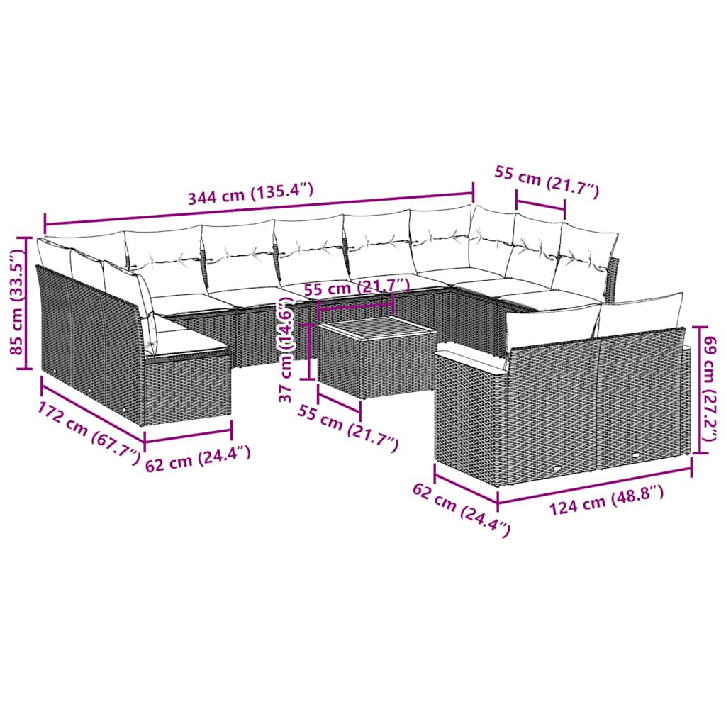 Set Divani da Giardino 13pz con Cuscini Nero in Polyrattan - immagine 3