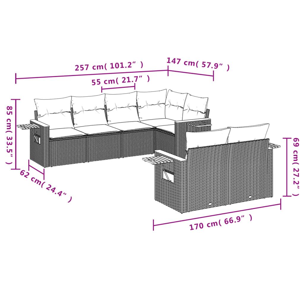 Set Divani da Giardino 7 pz con Cuscini Grigio in Polyrattan - immagine 3