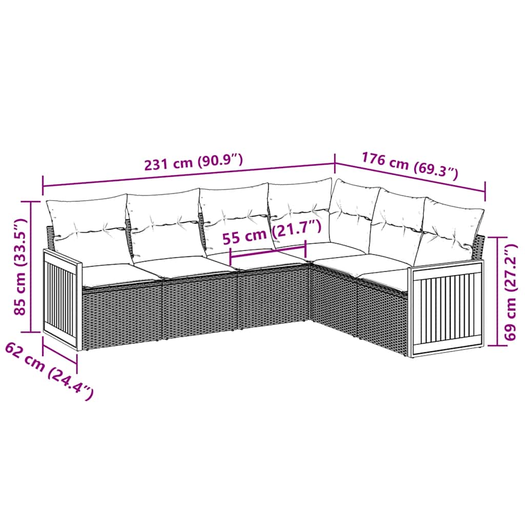 Set Divano da Giardino 6 pz con Cuscini Nero in Polyrattan - immagine 3