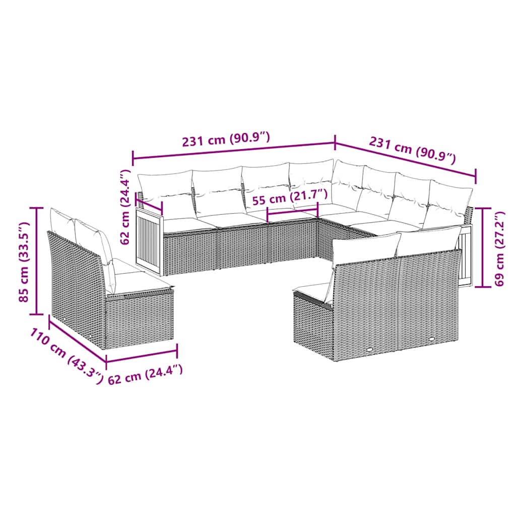 Set Divani da Giardino 11 pz con Cuscini in Polyrattan Nero - immagine 3