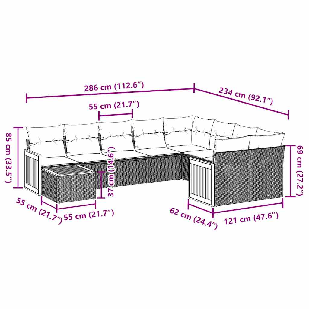 Set Divani da Giardino 10pz con Cuscini in Polyrattan Nero - immagine 3