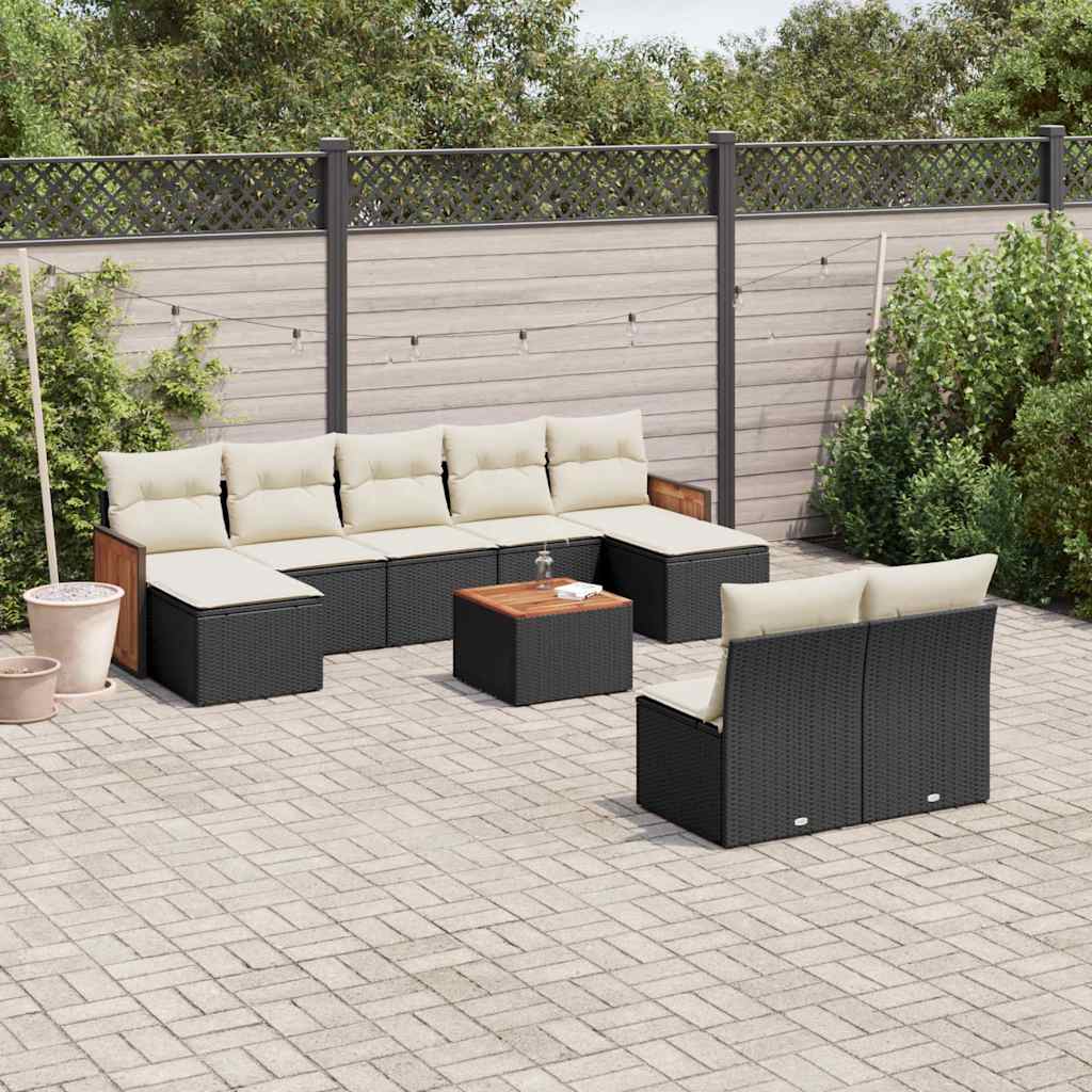 Set Divani da Giardino 10pz con Cuscini in Polyrattan Nero