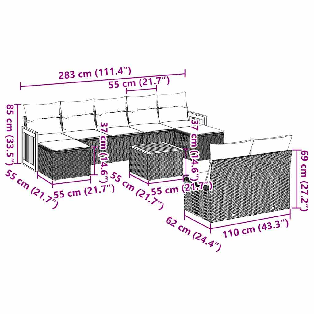 Set Divani da Giardino 10pz con Cuscini in Polyrattan Nero - immagine 3