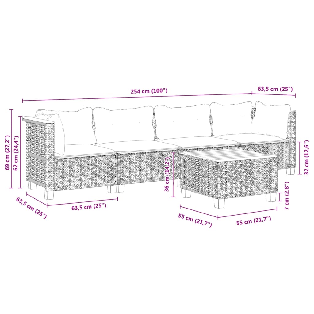 Set Divani da Giardino 5 pz con Cuscini in Polyrattan Nero - immagine 8