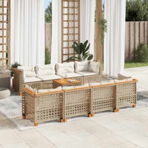 Set Divano da Giardino 9 pz con Cuscini Beige in Polyrattan