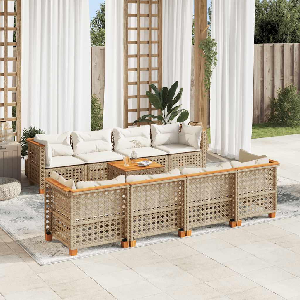 Set Divano da Giardino 9 pz con Cuscini Beige in Polyrattan