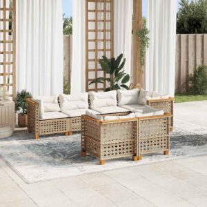 Set Divani da Giardino 7 pz con Cuscini Beige in Polyrattan