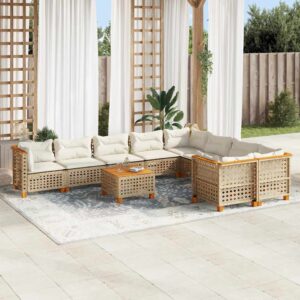 Set Divano da Giardino 10 pz con Cuscini Beige in Polyrattan