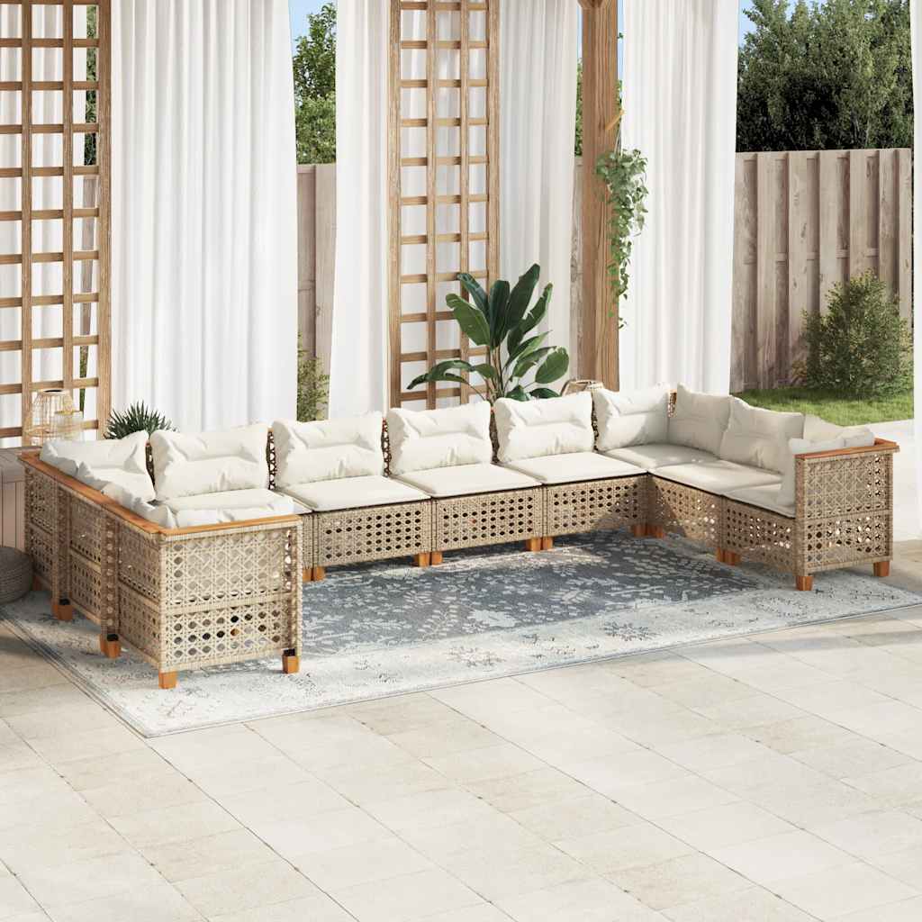 Set Divano da Giardino 10 pz con Cuscini Beige in Polyrattan