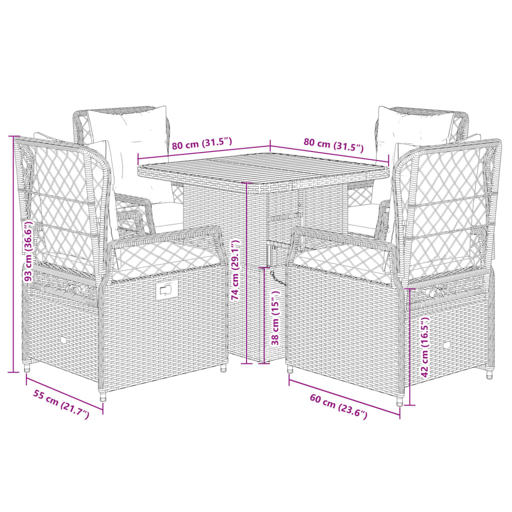 Set da Pranzo da Giardino 5 pz con Cuscini in Polyrattan Grigio - immagine 8