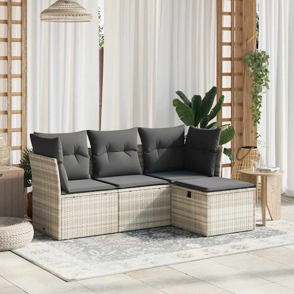 Set Divano da Giardino 4pz con Cuscini Grigio Chiaro Polyrattan