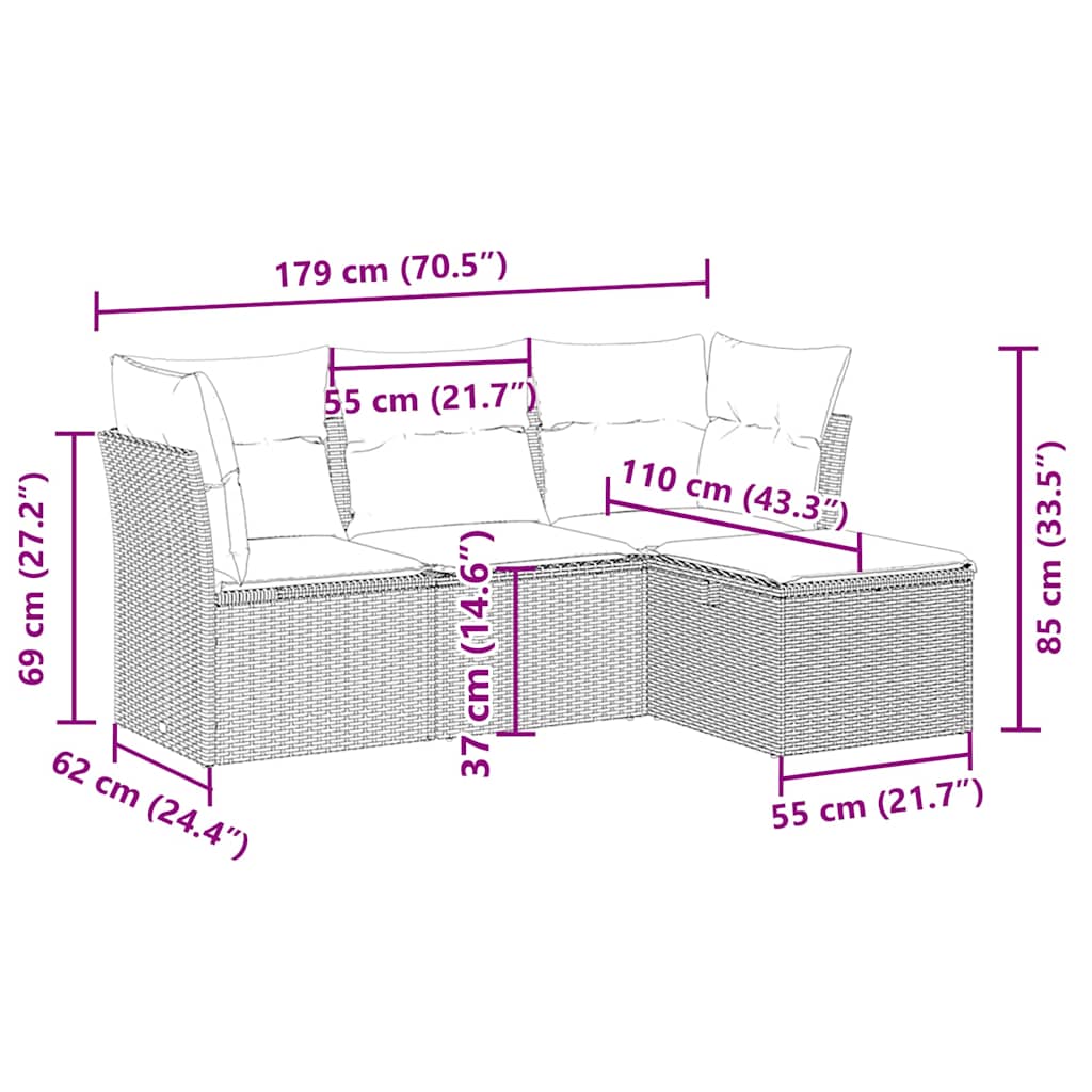 Set Divano da Giardino 4pz con Cuscini Grigio Chiaro Polyrattan - immagine 4