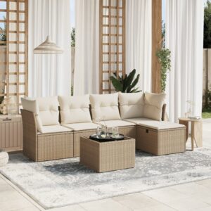 Set Divano da Giardino 6 pz con Cuscini Beige in Polyrattan