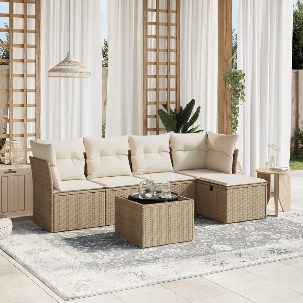 Set Divano da Giardino 6 pz con Cuscini Beige in Polyrattan