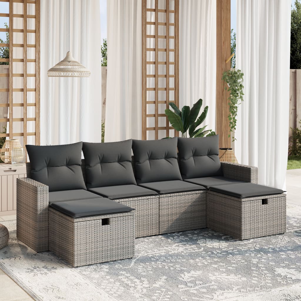 Set Divano da Giardino 6 pz con Cuscini Grigio in Polyrattan