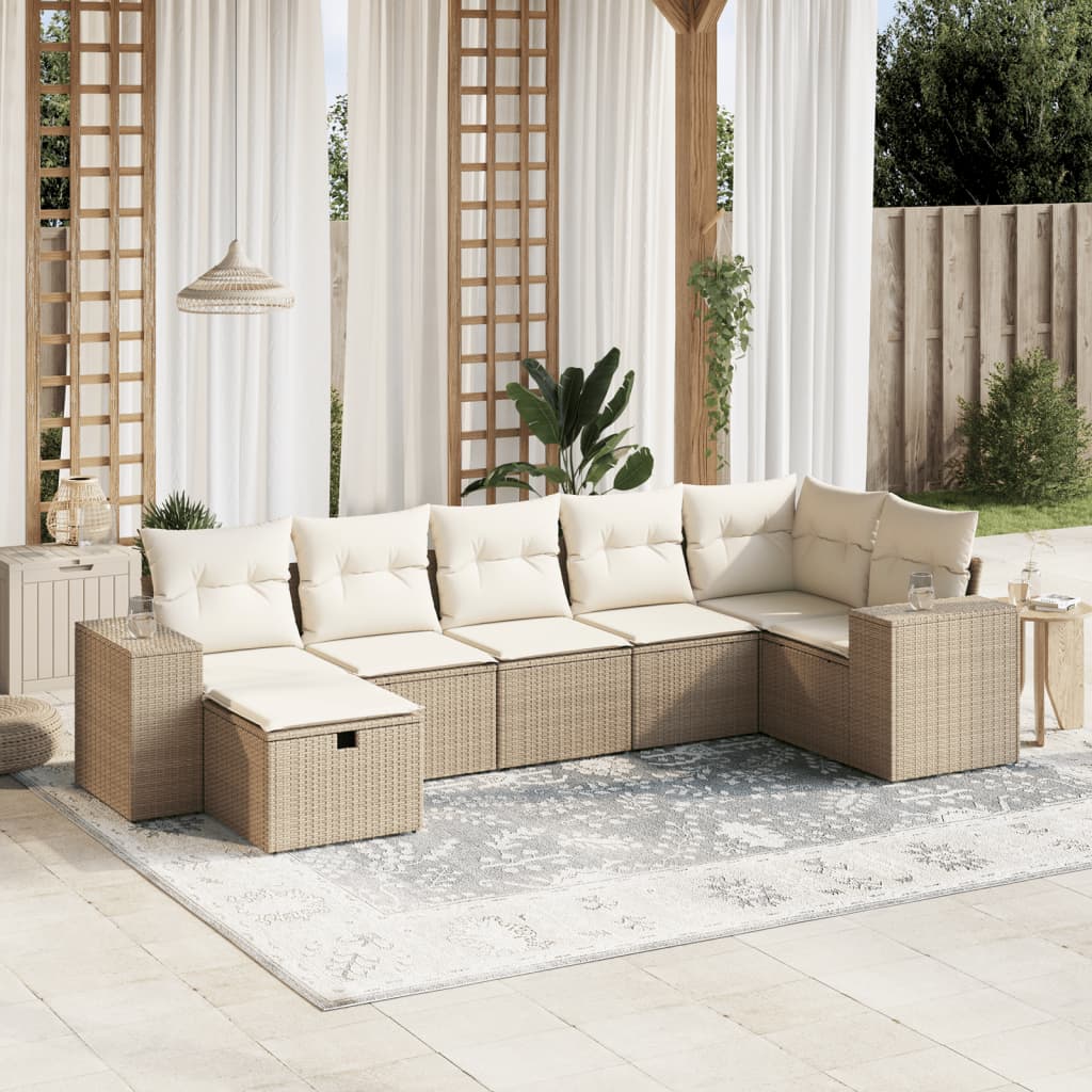 Set Divani da Giardino 7 pz con Cuscini Beige in Polyrattan