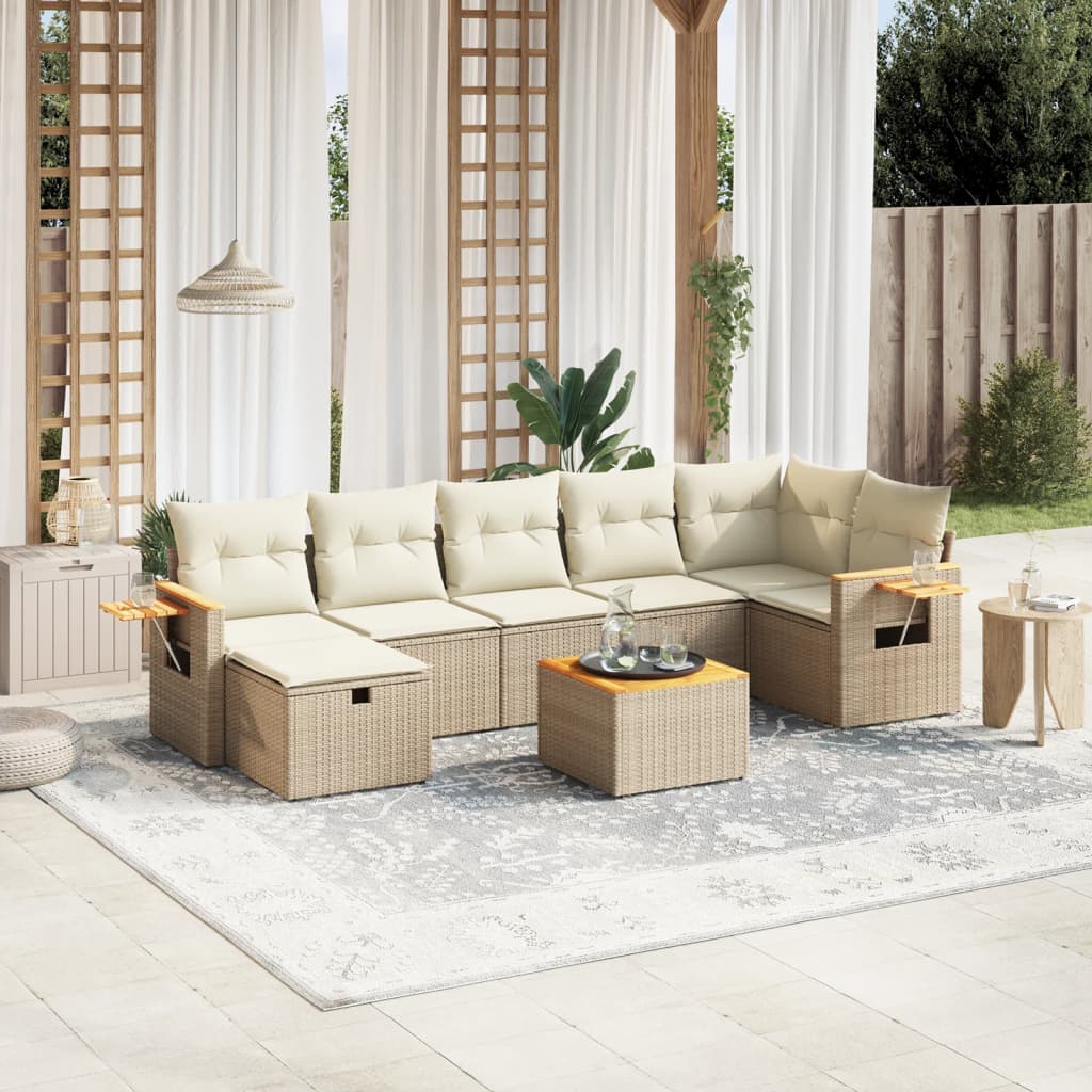 Set Divano da Giardino 8 pz con Cuscini Beige in Polyrattan